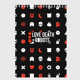 Скетчбук с принтом Love Death & Robots в Белгороде, 100% бумага
 | 48 листов, плотность листов — 100 г/м2, плотность картонной обложки — 250 г/м2. Листы скреплены сверху удобной пружинной спиралью | cartoon | death | fantasy | heavy | horror | metal | miller | netflix | robots | tim | witness | любовь | миллер | мультфильм | робот | роботы | тим | ужасы | фэнтези
