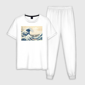Мужская пижама хлопок с принтом Большая волна в Белгороде, 100% хлопок | брюки и футболка прямого кроя, без карманов, на брюках мягкая резинка на поясе и по низу штанин
 | большая волна | искусство | канагава