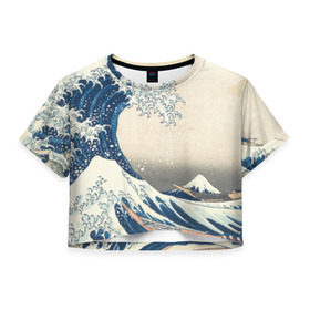 Женская футболка 3D укороченная с принтом Большая волна в Канагаве в Белгороде, 100% полиэстер | круглая горловина, длина футболки до линии талии, рукава с отворотами | арт | большая волна | в канагаве | гравюра | искусство | канагава | кацусики хокусай | япония