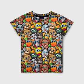 Детская футболка 3D с принтом Веселые собачки в Белгороде, 100% гипоаллергенный полиэфир | прямой крой, круглый вырез горловины, длина до линии бедер, чуть спущенное плечо, ткань немного тянется | бульдог | голубые глаза | доберман | животные | жирафы | котики | милые | олени | разноцветные | собаки | хаски | яркие
