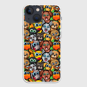 Чехол для iPhone 13 mini с принтом Веселые собачки в Белгороде,  |  | бульдог | голубые глаза | доберман | животные | жирафы | котики | милые | олени | разноцветные | собаки | хаски | яркие