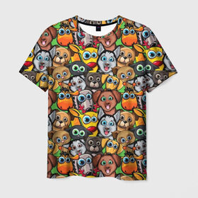 Мужская футболка 3D с принтом Веселые собачки в Белгороде, 100% полиэфир | прямой крой, круглый вырез горловины, длина до линии бедер | бульдог | голубые глаза | доберман | животные | жирафы | котики | милые | олени | разноцветные | собаки | хаски | яркие