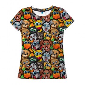Женская футболка 3D с принтом Веселые собачки в Белгороде, 100% полиэфир ( синтетическое хлопкоподобное полотно) | прямой крой, круглый вырез горловины, длина до линии бедер | бульдог | голубые глаза | доберман | животные | жирафы | котики | милые | олени | разноцветные | собаки | хаски | яркие