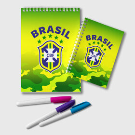 Блокнот с принтом Бразилия в Белгороде, 100% бумага | 48 листов, плотность листов — 60 г/м2, плотность картонной обложки — 250 г/м2. Листы скреплены удобной пружинной спиралью. Цвет линий — светло-серый
 | Тематика изображения на принте: brasil | brazil | бразилия | бразильская сборная | сборная бразилии | сборная бразилии по футболу | сборные | форма | футбол | футбольные сборные | чемпиона | чемпионат мира