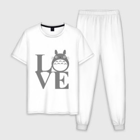 Мужская пижама хлопок с принтом Love Totoro в Белгороде, 100% хлопок | брюки и футболка прямого кроя, без карманов, на брюках мягкая резинка на поясе и по низу штанин
 | forest | friend | ghibli | japan | keeper | miyazaki | nature | neigbor | neighbour | totoro | анимация | аниме | гибли | дерево | друг | животные | лес | люблю | любовь | милый | мир | миядзаки | мульт | мультфильм | приключения | природа