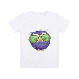 Детская футболка хлопок с принтом фиолетовая сова в Белгороде, 100% хлопок | круглый вырез горловины, полуприлегающий силуэт, длина до линии бедер | глазастик | звездочки | лапки | маленькая | милая | милый | птенец | птичка | пушистик | сердечки | сова | совенок | совушка