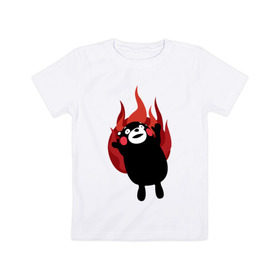 Детская футболка хлопок с принтом Kumamon в Белгороде, 100% хлопок | круглый вырез горловины, полуприлегающий силуэт, длина до линии бедер | fire | for | glory | hell | japan | of course | ofc | satan | the | иероглифы | кумамон | медведь | огонь | пожар | япония