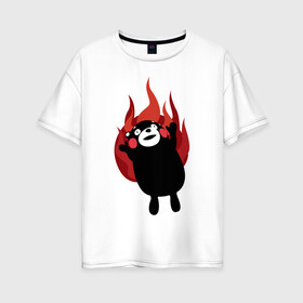 Женская футболка хлопок Oversize с принтом Kumamon в Белгороде, 100% хлопок | свободный крой, круглый ворот, спущенный рукав, длина до линии бедер
 | fire | for | glory | hell | japan | of course | ofc | satan | the | иероглифы | кумамон | медведь | огонь | пожар | япония