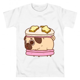 Мужская футболка хлопок с принтом Мопс Пироженко в Белгороде, 100% хлопок | прямой крой, круглый вырез горловины, длина до линии бедер, слегка спущенное плечо. | fastfood | junkfood | pug | еда | макарун | мопс | пирожное | пончик | сладость | собака | фастфуд