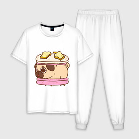 Мужская пижама хлопок с принтом Мопс Пироженко в Белгороде, 100% хлопок | брюки и футболка прямого кроя, без карманов, на брюках мягкая резинка на поясе и по низу штанин
 | Тематика изображения на принте: fastfood | junkfood | pug | еда | макарун | мопс | пирожное | пончик | сладость | собака | фастфуд