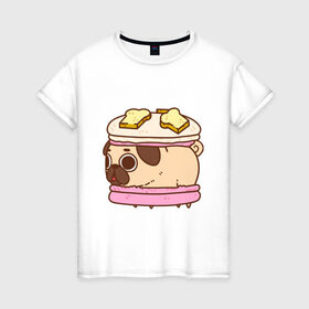 Женская футболка хлопок с принтом Мопс Пироженко в Белгороде, 100% хлопок | прямой крой, круглый вырез горловины, длина до линии бедер, слегка спущенное плечо | fastfood | junkfood | pug | еда | макарун | мопс | пирожное | пончик | сладость | собака | фастфуд