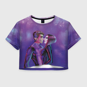 Женская футболка 3D укороченная с принтом Бистбой и Рэйвен в Белгороде, 100% полиэстер | круглая горловина, длина футболки до линии талии, рукава с отворотами | beast boy | teen titans | бистбой | любовь | рейвен | рэйвен | юные титаны