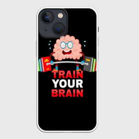 Чехол для iPhone 13 mini с принтом Train your brain в Белгороде,  |  | athlete | books | brain | cool | drops | fitness | heavy | inscription | load | slogan | sport | sweat | text | train | weight | your | атлет | брызги | вес | девиз | капли | книги | крутой | лозунг | мозг | нагрузка | надпись | очки | пот | при