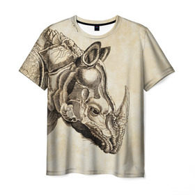 Мужская футболка 3D с принтом Носорог (гравюра Дюрера) в Белгороде, 100% полиэфир | прямой крой, круглый вырез горловины, длина до линии бедер | rhinoceros | гравюра | индия | латы | млекопитающий | непарнокопытный | рог | холст | чешуя