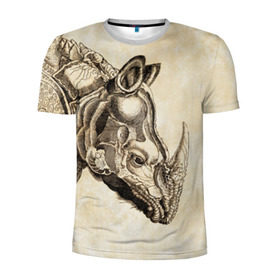 Мужская футболка 3D спортивная с принтом Носорог (гравюра Дюрера) в Белгороде, 100% полиэстер с улучшенными характеристиками | приталенный силуэт, круглая горловина, широкие плечи, сужается к линии бедра | rhinoceros | гравюра | индия | латы | млекопитающий | непарнокопытный | рог | холст | чешуя