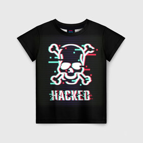 Детская футболка 3D с принтом Pirate sign в Белгороде, 100% гипоаллергенный полиэфир | прямой крой, круглый вырез горловины, длина до линии бедер, чуть спущенное плечо, ткань немного тянется | Тематика изображения на принте: attack | bones | glitch | hacked | hacker | pirate | sign | skull | symbol | text | warning | атака | взломанный | глюк | знак | кости | пиратский | предупреждение | символ | текст | хакер | череп