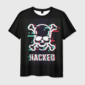 Мужская футболка 3D с принтом Pirate sign в Белгороде, 100% полиэфир | прямой крой, круглый вырез горловины, длина до линии бедер | attack | bones | glitch | hacked | hacker | pirate | sign | skull | symbol | text | warning | атака | взломанный | глюк | знак | кости | пиратский | предупреждение | символ | текст | хакер | череп