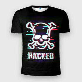 Мужская футболка 3D спортивная с принтом Pirate sign в Белгороде, 100% полиэстер с улучшенными характеристиками | приталенный силуэт, круглая горловина, широкие плечи, сужается к линии бедра | attack | bones | glitch | hacked | hacker | pirate | sign | skull | symbol | text | warning | атака | взломанный | глюк | знак | кости | пиратский | предупреждение | символ | текст | хакер | череп