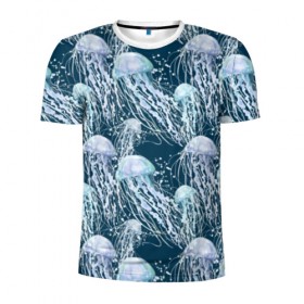 Мужская футболка 3D спортивная с принтом Медузы в Белгороде, 100% полиэстер с улучшенными характеристиками | приталенный силуэт, круглая горловина, широкие плечи, сужается к линии бедра | Тематика изображения на принте: bubbles | cant | depth | dome | float | flock | jellyfish | long | mirror | sea | shimmer | tails | transparent | water | вода | глубина | длинные | зеркальное | косяк | купол | медузы | мерцание | море | плывут | прозрачные | пузыри | стая | хвосты
