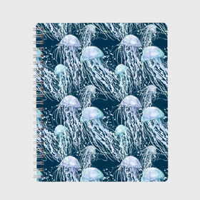 Тетрадь с принтом Медузы в Белгороде, 100% бумага | 48 листов, плотность листов — 60 г/м2, плотность картонной обложки — 250 г/м2. Листы скреплены сбоку удобной пружинной спиралью. Уголки страниц и обложки скругленные. Цвет линий — светло-серый
 | Тематика изображения на принте: bubbles | cant | depth | dome | float | flock | jellyfish | long | mirror | sea | shimmer | tails | transparent | water | вода | глубина | длинные | зеркальное | косяк | купол | медузы | мерцание | море | плывут | прозрачные | пузыри | стая | хвосты