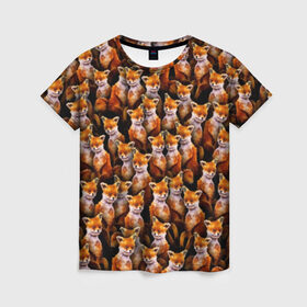 Женская футболка 3D с принтом Упоротые лисы в Белгороде, 100% полиэфир ( синтетическое хлопкоподобное полотно) | прямой крой, круглый вырез горловины, длина до линии бедер | fox | животные | лис | лиса | лисичка | мем | паттрен | рыжий | толпа | упортый | фыр фыр