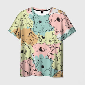 Мужская футболка 3D с принтом Акварельные Зайки в Белгороде, 100% полиэфир | прямой крой, круглый вырез горловины, длина до линии бедер | зая | заяц | кисти | кляксы | краски | кролик | мазки | милый | мимими | пушистый | пятна | рисунок | цветной | ценный мех