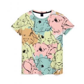 Женская футболка 3D с принтом Акварельные Зайки в Белгороде, 100% полиэфир ( синтетическое хлопкоподобное полотно) | прямой крой, круглый вырез горловины, длина до линии бедер | зая | заяц | кисти | кляксы | краски | кролик | мазки | милый | мимими | пушистый | пятна | рисунок | цветной | ценный мех