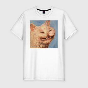 Мужская футболка премиум с принтом МЕМ КОТ в Белгороде, 92% хлопок, 8% лайкра | приталенный силуэт, круглый вырез ворота, длина до линии бедра, короткий рукав | искусство | кот | кот мем | котомем | коты мемы | кошка | кошка мем | лицо | лицо кота | лицо кошки | мем | мем кот | мем кошка | нарисованный | перекосившиеся лицо | рисунок | рожа кота