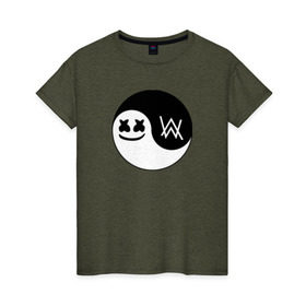 Женская футболка хлопок с принтом Marshmello VS Alan Walker в Белгороде, 100% хлопок | прямой крой, круглый вырез горловины, длина до линии бедер, слегка спущенное плечо | Тематика изображения на принте: 