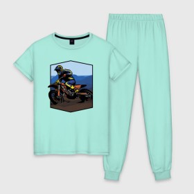 Женская пижама хлопок с принтом Мотоклист в Белгороде, 100% хлопок | брюки и футболка прямого кроя, без карманов, на брюках мягкая резинка на поясе и по низу штанин | moto | байк | байкер | мото | мото спорт | мотоспорт | мотоцикл | мотоциклист