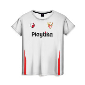 Женская футболка 3D с принтом Sevilla FC (2018-2019) в Белгороде, 100% полиэфир ( синтетическое хлопкоподобное полотно) | прямой крой, круглый вырез горловины, длина до линии бедер | Тематика изображения на принте: 
