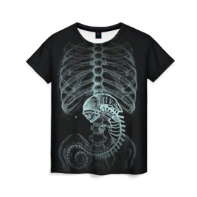 Женская футболка 3D с принтом Чужой на Рентгене в Белгороде, 100% полиэфир ( синтетическое хлопкоподобное полотно) | прямой крой, круглый вырез горловины, длина до линии бедер | alien | больница | больной | внутренний мир | врач | клиника | кости | пациент | ребра | рентген | скелет | снимок | хищник