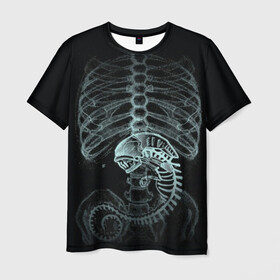 Мужская футболка 3D с принтом Чужой на Рентгене  в Белгороде, 100% полиэфир | прямой крой, круглый вырез горловины, длина до линии бедер | Тематика изображения на принте: alien | больница | больной | внутренний мир | врач | клиника | кости | пациент | ребра | рентген | скелет | снимок | хищник