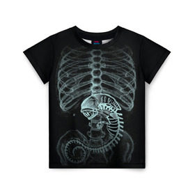 Детская футболка 3D с принтом Чужой на Рентгене в Белгороде, 100% гипоаллергенный полиэфир | прямой крой, круглый вырез горловины, длина до линии бедер, чуть спущенное плечо, ткань немного тянется | alien | больница | больной | внутренний мир | врач | клиника | кости | пациент | ребра | рентген | скелет | снимок | хищник