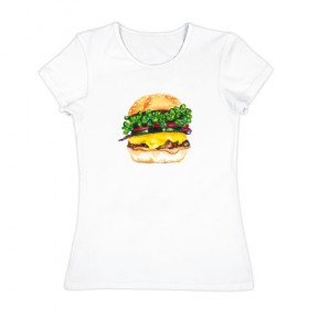 Женская футболка хлопок с принтом Акварельный Бургер в Белгороде, 100% хлопок | прямой крой, круглый вырез горловины, длина до линии бедер, слегка спущенное плечо | 