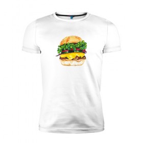 Мужская футболка премиум с принтом Акварельный Бургер в Белгороде, 92% хлопок, 8% лайкра | приталенный силуэт, круглый вырез ворота, длина до линии бедра, короткий рукав | 