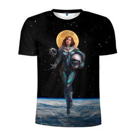 Мужская футболка 3D спортивная с принтом Девушка-космонавт в Белгороде, 100% полиэстер с улучшенными характеристиками | приталенный силуэт, круглая горловина, широкие плечи, сужается к линии бедра | nasa | вселенная | девушка | звёзды | земля | космос | луна | наса | небо | нимб | планета | скафандр | спутник | ссср
