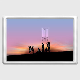 Магнит 45*70 с принтом BTS on the Sunset в Белгороде, Пластик | Размер: 78*52 мм; Размер печати: 70*45 | army | hip hop | j hope | jimin | jin | jungkook | k pop | rap | rm | suga | v | джей хоуп | джин | закат | контур | рм | рэп | силуэт | чи мин | чон гук | шуга