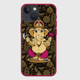 Чехол для iPhone 13 mini с принтом Ganesha в Белгороде,  |  | animal | ax | crown | decoration | elephant | ethnic | flower | food | god | gold | hands | hold | india | lily | mouse | благополучие | бог | божество | ганеша | держит | еда | животное | золото | индия | индуизм | корона | лилия | м | много | мудрость |
