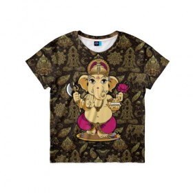 Детская футболка 3D с принтом Ganesha в Белгороде, 100% гипоаллергенный полиэфир | прямой крой, круглый вырез горловины, длина до линии бедер, чуть спущенное плечо, ткань немного тянется | animal | ax | crown | decoration | elephant | ethnic | flower | food | god | gold | hands | hold | india | lily | mouse | благополучие | бог | божество | ганеша | держит | еда | животное | золото | индия | индуизм | корона | лилия | м | много | мудрость |