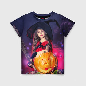 Детская футболка 3D с принтом Маленькая ведьма в Белгороде, 100% гипоаллергенный полиэфир | прямой крой, круглый вырез горловины, длина до линии бедер, чуть спущенное плечо, ткань немного тянется | beautiful | crimson | cute | dress | girl | gloves | hair | halloween | hat | holiday | little | long | night | pumpkin | red | smoke | witch | ведьма | волосы | д | девочка | держит | дым | красивая | красная | маленькая | малиновый | метла | милая | ноч