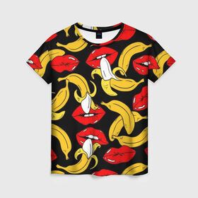Женская футболка 3D с принтом Губы и бананы в Белгороде, 100% полиэфир ( синтетическое хлопкоподобное полотно) | прямой крой, круглый вырез горловины, длина до линии бедер | background | bananas | black | drawing | erotic | food | fruit | lips | red | womens | бананы | губы | еда | женские | красные | рисунок | фон | фрукты | черный