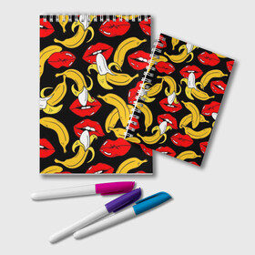 Блокнот с принтом Губы и бананы в Белгороде, 100% бумага | 48 листов, плотность листов — 60 г/м2, плотность картонной обложки — 250 г/м2. Листы скреплены удобной пружинной спиралью. Цвет линий — светло-серый
 | Тематика изображения на принте: background | bananas | black | drawing | erotic | food | fruit | lips | red | womens | бананы | губы | еда | женские | красные | рисунок | фон | фрукты | черный
