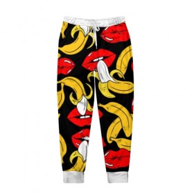 Мужские брюки 3D с принтом Губы и бананы в Белгороде, 100% полиэстер | манжеты по низу, эластичный пояс регулируется шнурком, по бокам два кармана без застежек, внутренняя часть кармана из мелкой сетки | background | bananas | black | drawing | erotic | food | fruit | lips | red | womens | бананы | губы | еда | женские | красные | рисунок | фон | фрукты | черный