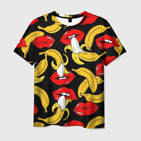 Мужская футболка 3D с принтом Губы и бананы в Белгороде, 100% полиэфир | прямой крой, круглый вырез горловины, длина до линии бедер | background | bananas | black | drawing | erotic | food | fruit | lips | red | womens | бананы | губы | еда | женские | красные | рисунок | фон | фрукты | черный