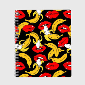 Тетрадь с принтом Губы и бананы в Белгороде, 100% бумага | 48 листов, плотность листов — 60 г/м2, плотность картонной обложки — 250 г/м2. Листы скреплены сбоку удобной пружинной спиралью. Уголки страниц и обложки скругленные. Цвет линий — светло-серый
 | Тематика изображения на принте: background | bananas | black | drawing | erotic | food | fruit | lips | red | womens | бананы | губы | еда | женские | красные | рисунок | фон | фрукты | черный
