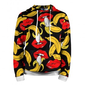 Мужская толстовка 3D с принтом Губы и бананы в Белгороде, 100% полиэстер | двухслойный капюшон со шнурком для регулировки, мягкие манжеты на рукавах и по низу толстовки, спереди карман-кенгуру с мягким внутренним слоем. | Тематика изображения на принте: background | bananas | black | drawing | erotic | food | fruit | lips | red | womens | бананы | губы | еда | женские | красные | рисунок | фон | фрукты | черный
