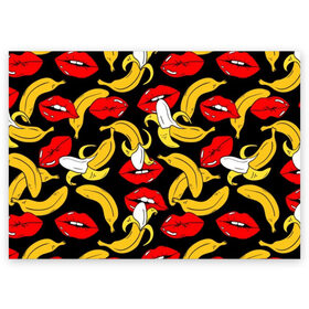 Поздравительная открытка с принтом Губы и бананы в Белгороде, 100% бумага | плотность бумаги 280 г/м2, матовая, на обратной стороне линовка и место для марки
 | Тематика изображения на принте: background | bananas | black | drawing | erotic | food | fruit | lips | red | womens | бананы | губы | еда | женские | красные | рисунок | фон | фрукты | черный