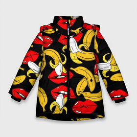 Зимняя куртка для девочек 3D с принтом Губы и бананы в Белгороде, ткань верха — 100% полиэстер; подклад — 100% полиэстер, утеплитель — 100% полиэстер. | длина ниже бедра, удлиненная спинка, воротник стойка и отстегивающийся капюшон. Есть боковые карманы с листочкой на кнопках, утяжки по низу изделия и внутренний карман на молнии. 

Предусмотрены светоотражающий принт на спинке, радужный светоотражающий элемент на пуллере молнии и на резинке для утяжки. | Тематика изображения на принте: background | bananas | black | drawing | erotic | food | fruit | lips | red | womens | бананы | губы | еда | женские | красные | рисунок | фон | фрукты | черный