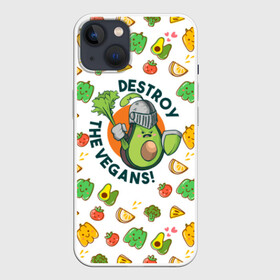 Чехол для iPhone 13 с принтом Уничтожим Веганов в Белгороде,  |  | готовым к битве с vegans | изображение злого авокадо | одетого как рыцарь | с палочкой из сельдерея как мечом